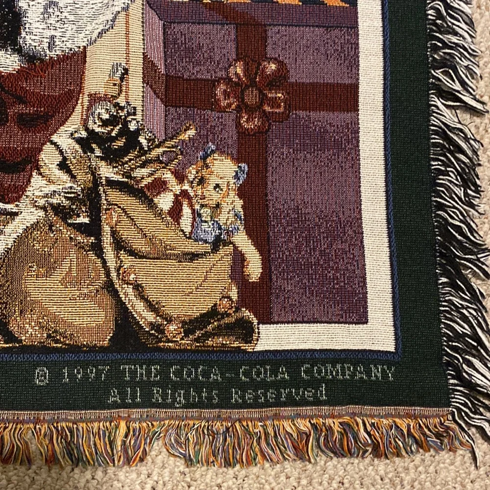 Vintage 1997 Coca Cola Santa Collage Tapestry Afghan Throw USA Made 100% Cotton